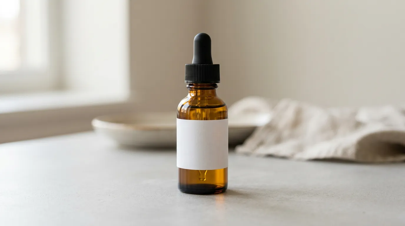 Braune Glasflasche mit Pipette, wie sie für ölige Cannabisextrakte typisch ist