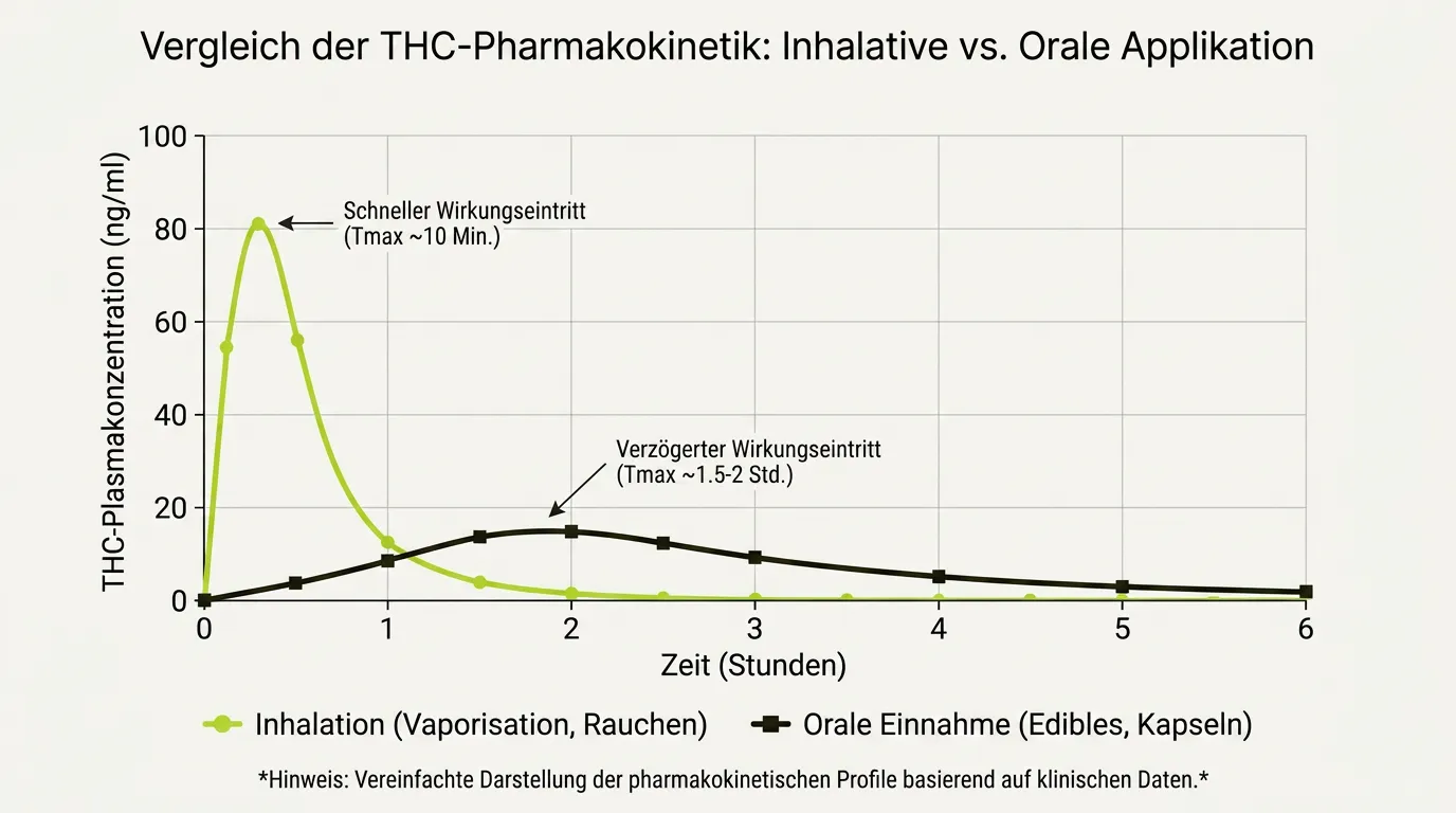 Liniendiagramm, das den schnellen, hohen THC-Peak nach Inhalation mit dem niedrigeren, verzögerten THC-Verlauf nach oraler Einnahme vergleicht.