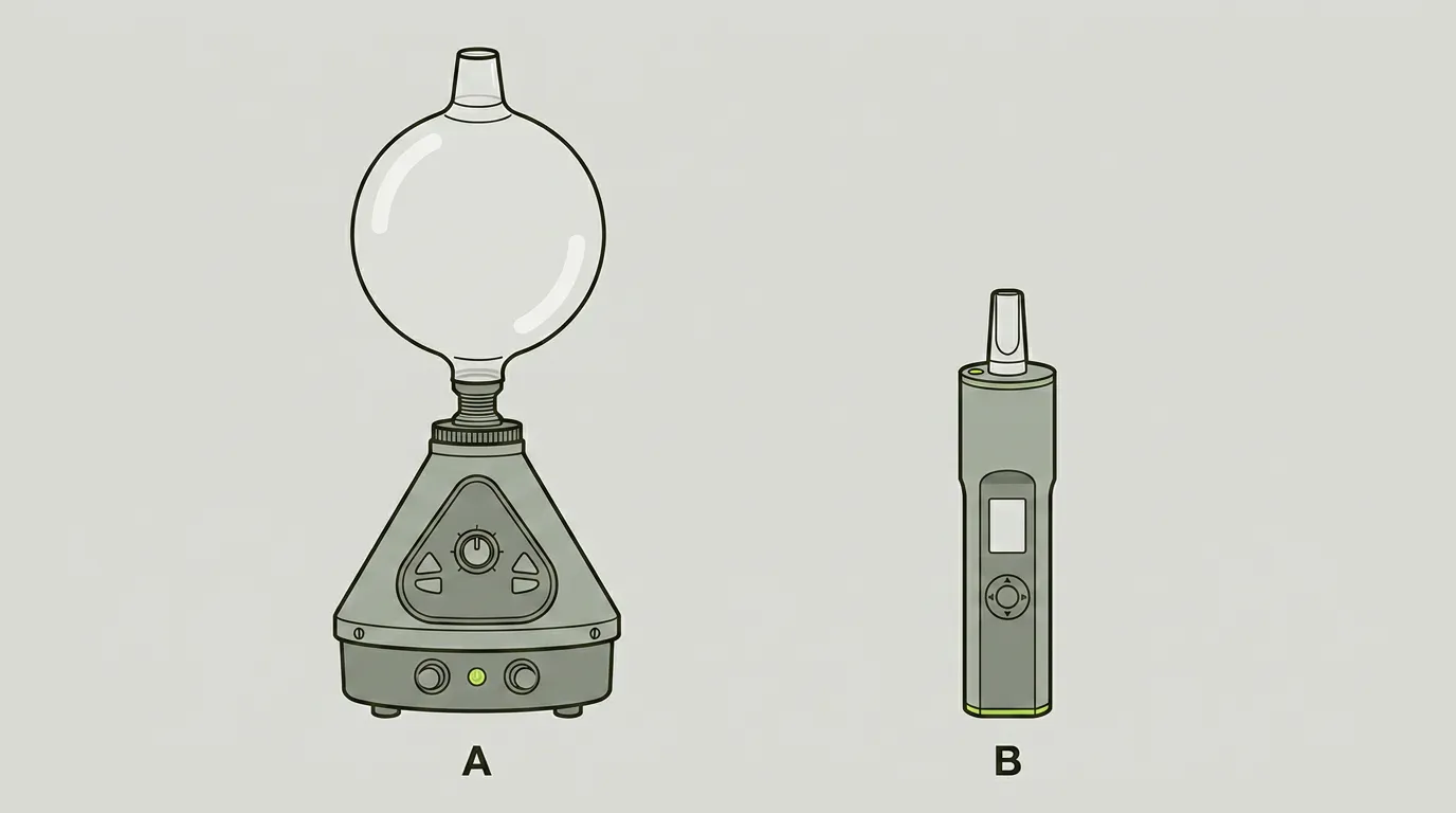 Vergleich zwischen einem stationären Tisch-Vaporizer mit Ventilballon und einem tragbaren Hand-Vaporizer.