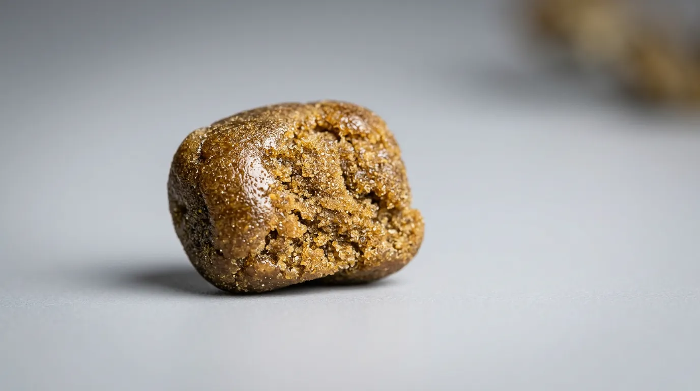 Bräunlich-goldenes Bubble Hash mit körniger, sandartiger Konsistenz