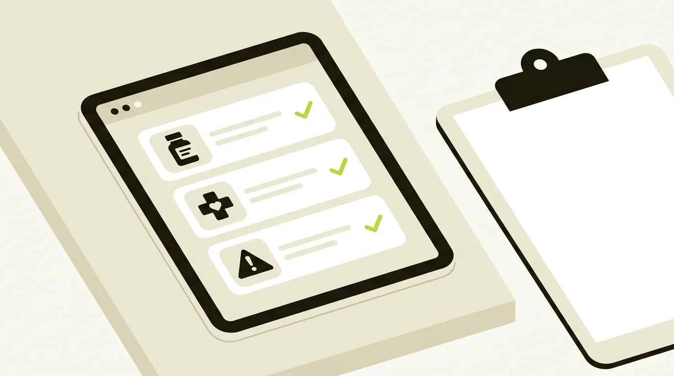 Illustration einer digitalen Checkliste für die Vorbereitung auf eine Cannabis-Therapie mit Medikationsliste und Vorerkrankungen