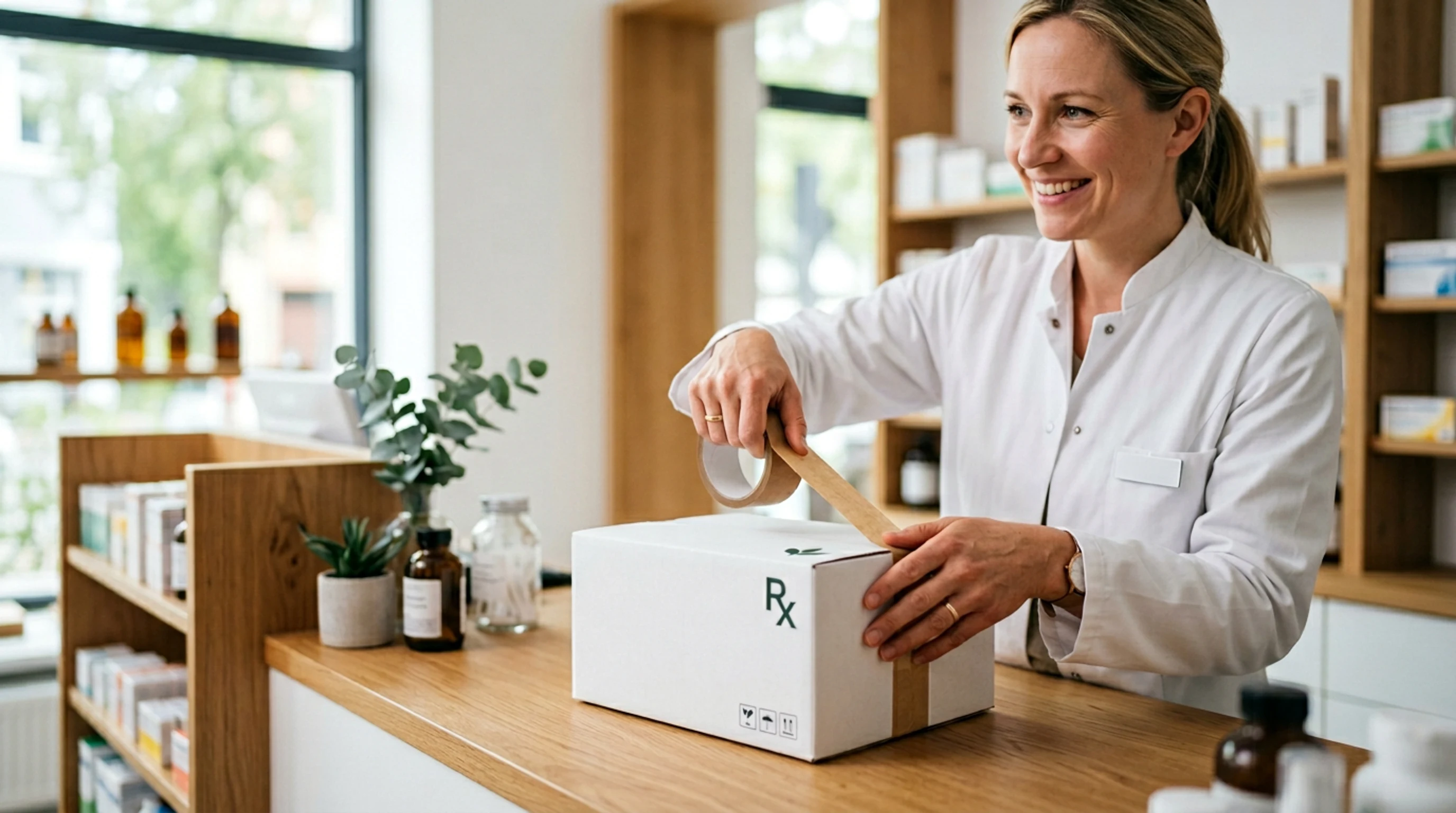 Apothekerin verpackt diskretes Cannabis-Versandpaket